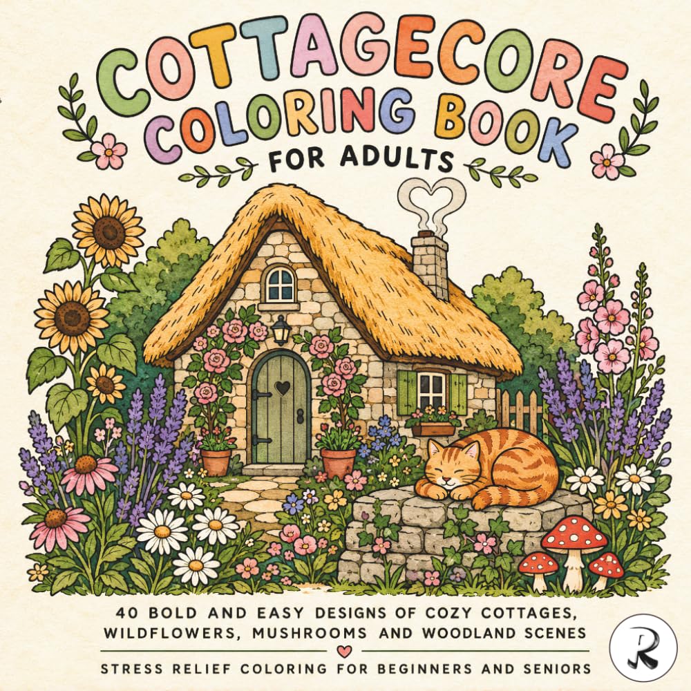 Cottagecore Coloring Book for Adults: 40 Bold and Easy Designs of Cozy Cottages, Wildflowers, Mushrooms and Woodland Scenes — Stress Relief Coloring for Beginners and Seniors