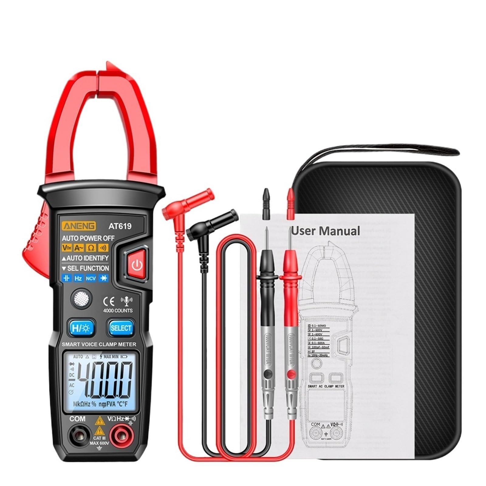 AT619 Pinza amperometrica digitale True RMS AC DC rilevamento NCV | Misura corrente AC DC e valori elettrici senza scollegare i circuiti per manutenzione e diagnosi(Red(no battery))