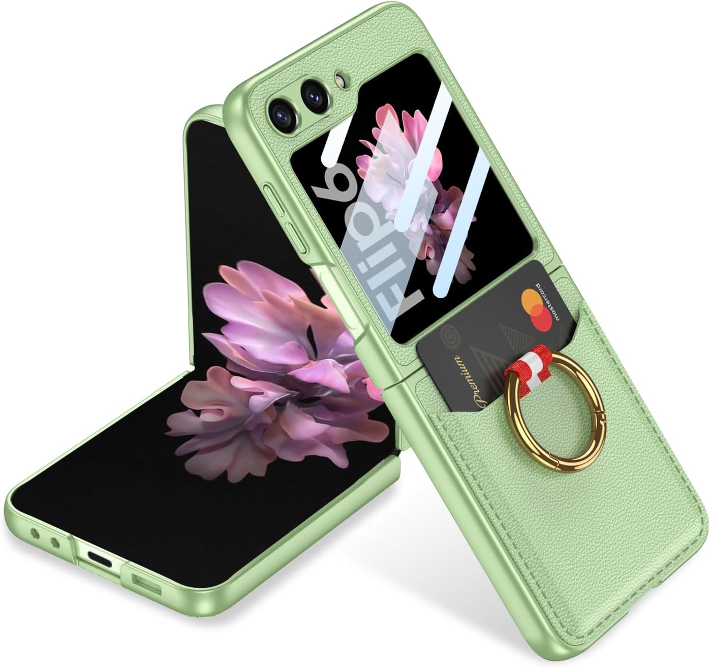 SHIEID Galaxy Z Flip 6 Case with Ring Stand and Card Holder - Slim Leather Wallet Cover for Samsung Z Flip 6 with Built-in Screen Protector for Galaxy Z Flip6 Phone Case, Cool Mountain Gray