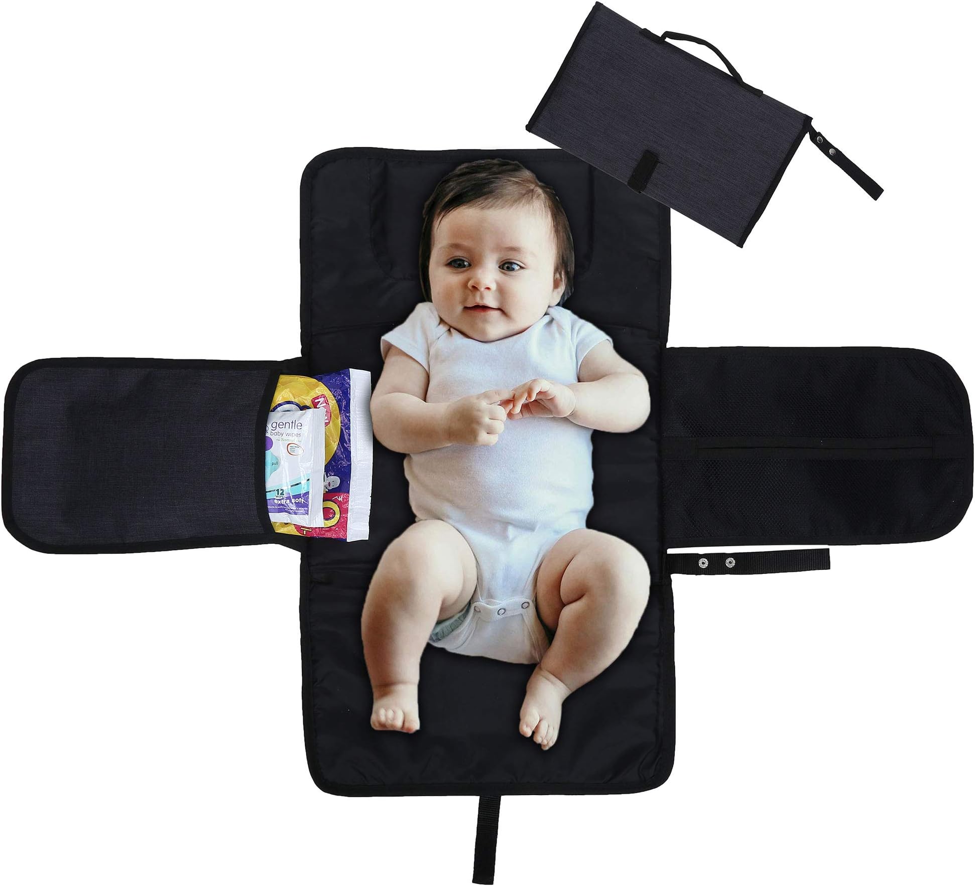 Portable Diaper Changing Foldable Pad for Baby, with Head Cushion - Kids Travel Accessories Mat Ideal for Family Trips Nursery Changing Station - Charcoal Grey - 35.5 x 23.5X 2.5 Inches