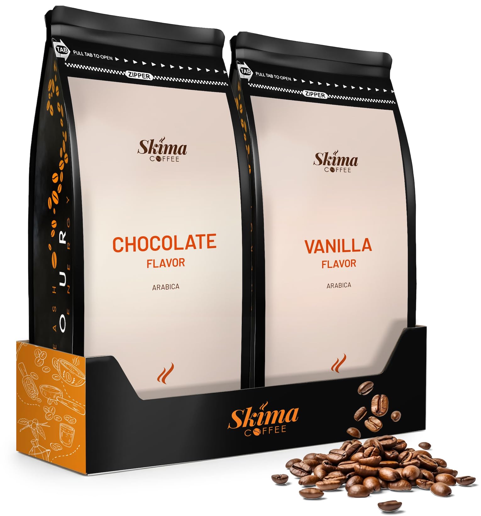 SkimaCoffee Café en grains 2 x 1 kg PLAISIR CHOCOLAT/DOUCEUR VANILLE aromatisé