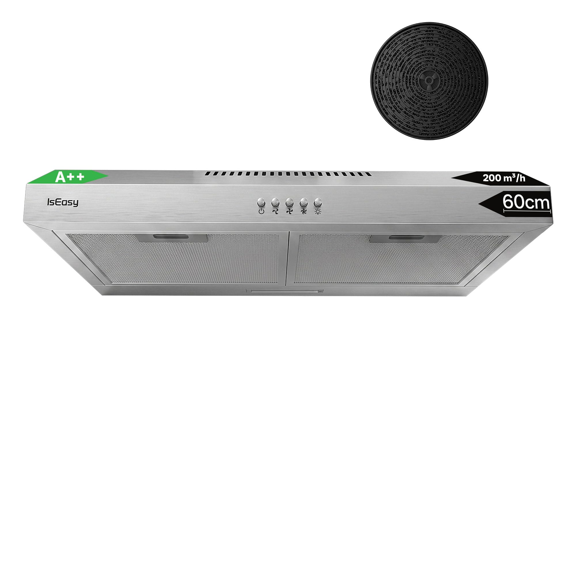 IsEasy Okap próżniowy podszafkowy 60 cm A++ 250 m³/h, wbudowany okap do szafki podszafkowej, 3 poziomy, recyrkulacja/wylot, lampa LED 2 W, filtr węglowy X1, 60 dB, stal nierdzewna srebrny