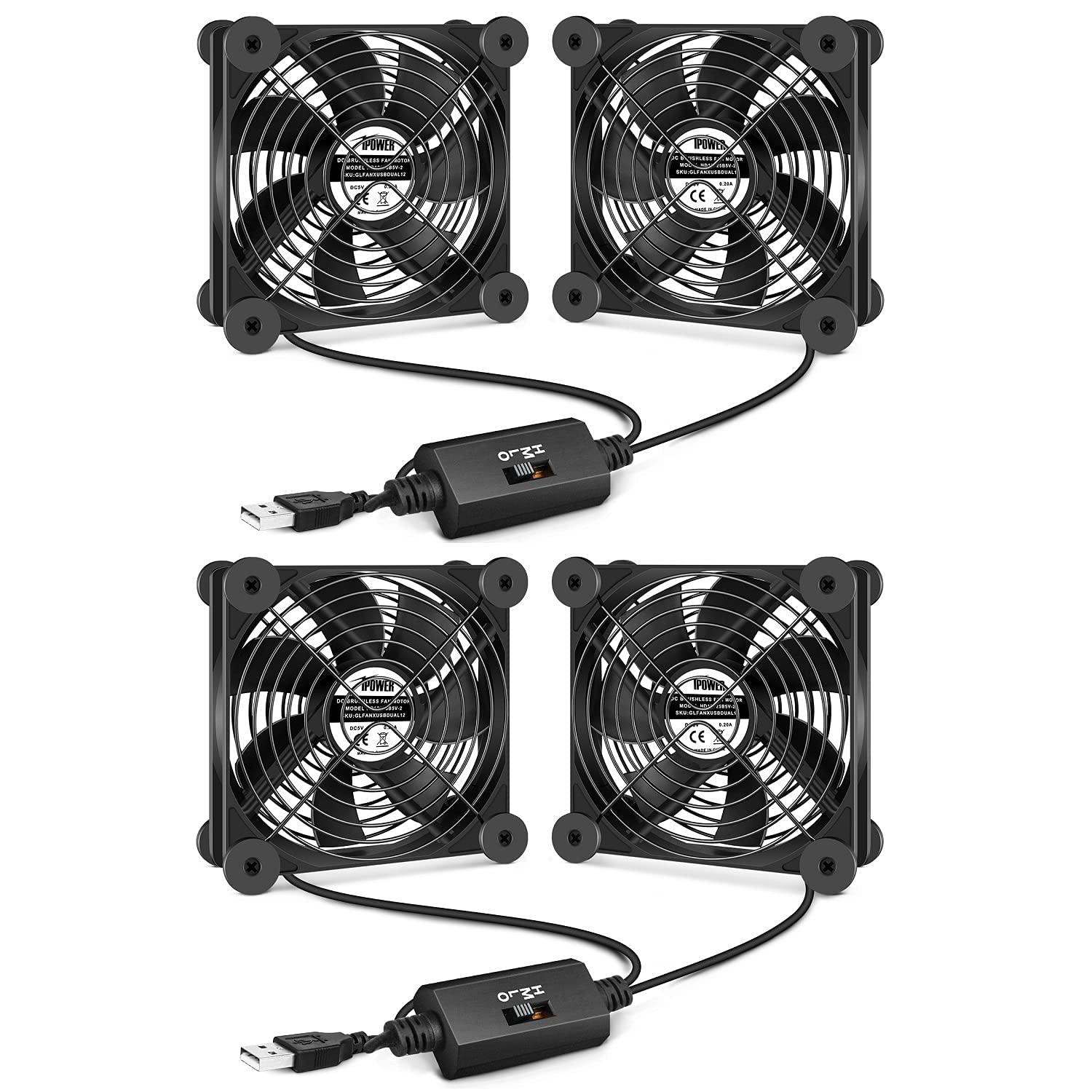 iPower Ventola di raffreddamento silenziosa da 120 mm, con doppia porta USB, con regolatore di velocità, per ricevitore DVR/Playstation/Xbox/Computer Cabinet Cooling, confezione da 2, nero