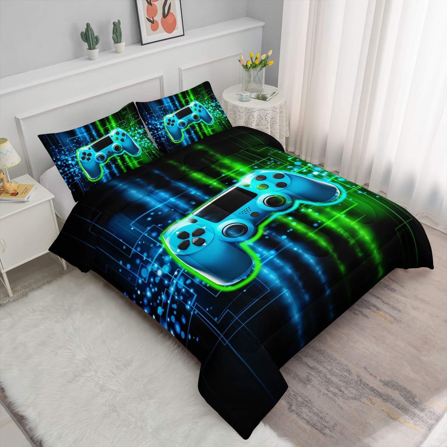 Green Gamepad Comforter Set 3D Gamepad Printed Bedding Set with 1 Comforter and 2 Pillowcases for Boys and Girls Bedroom All Season(Gamepad Twin) - Image 2