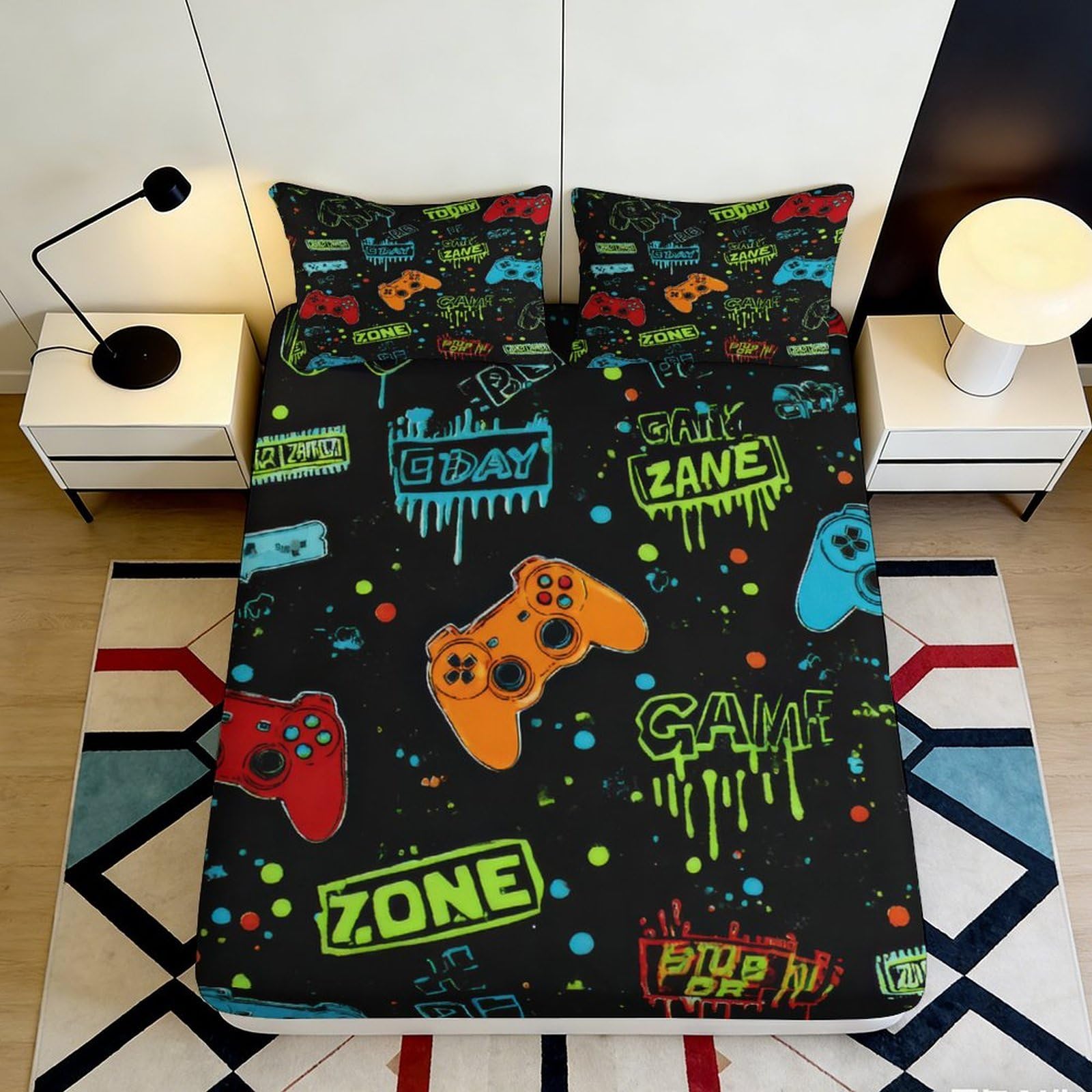 3D Printed Gaming Graffiti Fitted Sheet Microfiber Black Gamepad Pattern Bed Cover for Bedroom Dorm Decor 90x200x25cm