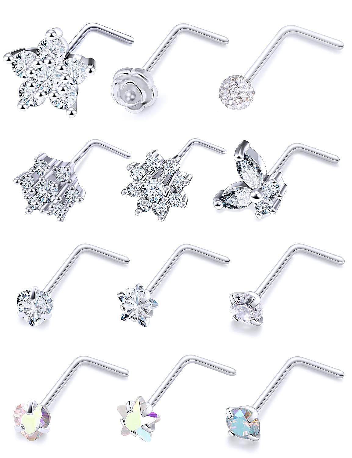 Lcolyoli12Pcs Assorted Styles Sparkly Crystal 20G L-Shaped Nose Rings Studs Surgical Steel High Nostril Piercing Jewelry for Women Men