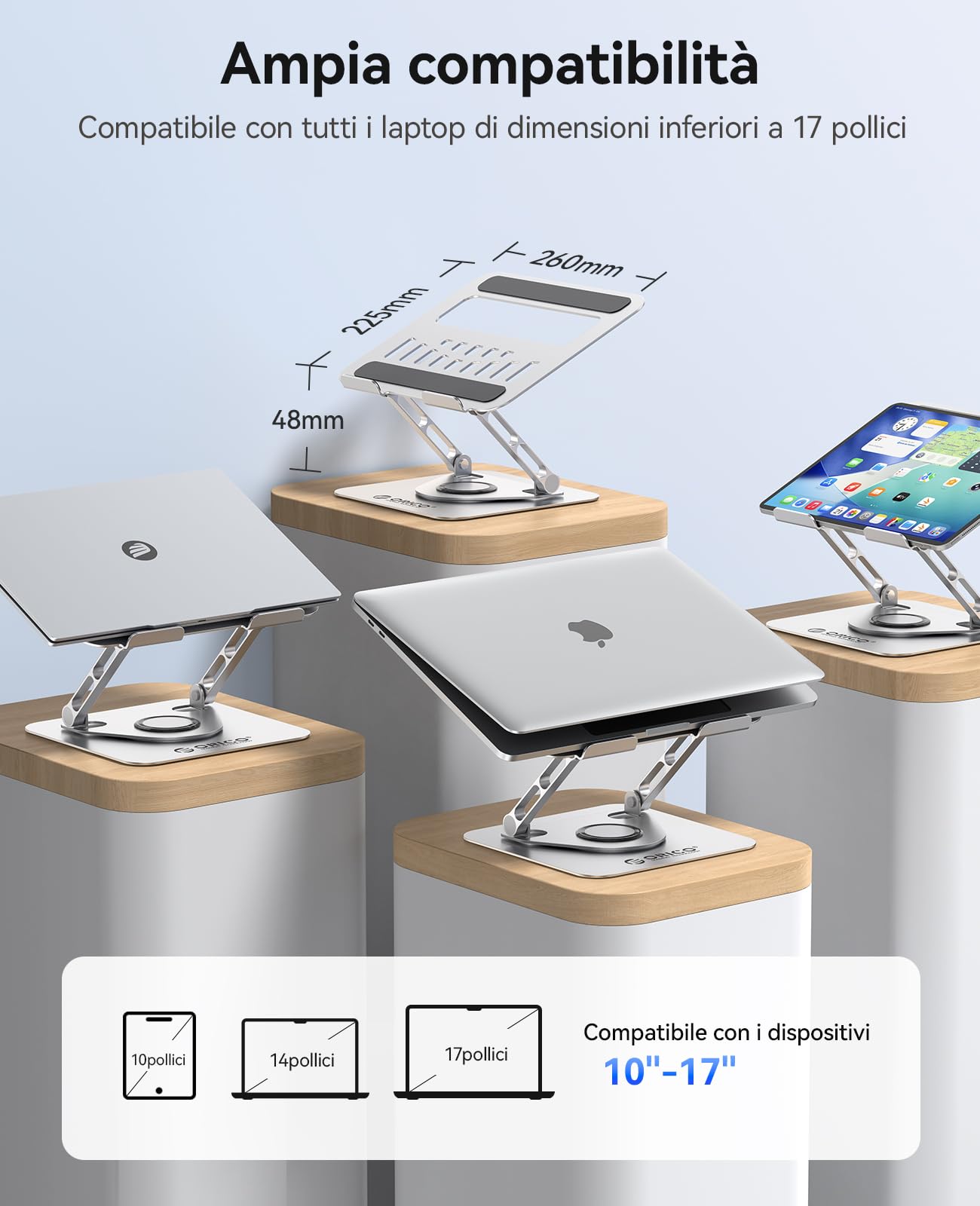 ORICO Supporto PC Portatile Ergonomico, Laptop Stand Regolabile 360° con Base Girevole, Supporto in Alluminio con Fori, per Scrivania, Compatibile con Notebook e Tablet 11-17", Argento ST12