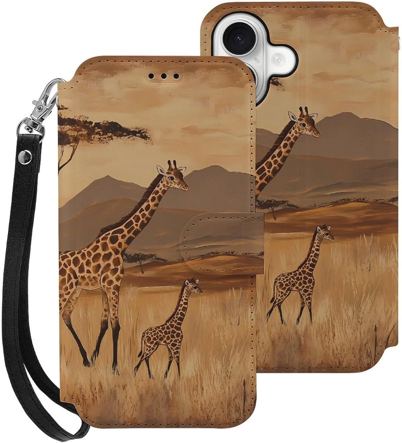 Giraffes in an African Compatible with iPhone 16/16 Plus/16 Pro/16 Pro Max/16 E Case Phone Wallet Card Holder Flip Cover with Wrist Strap