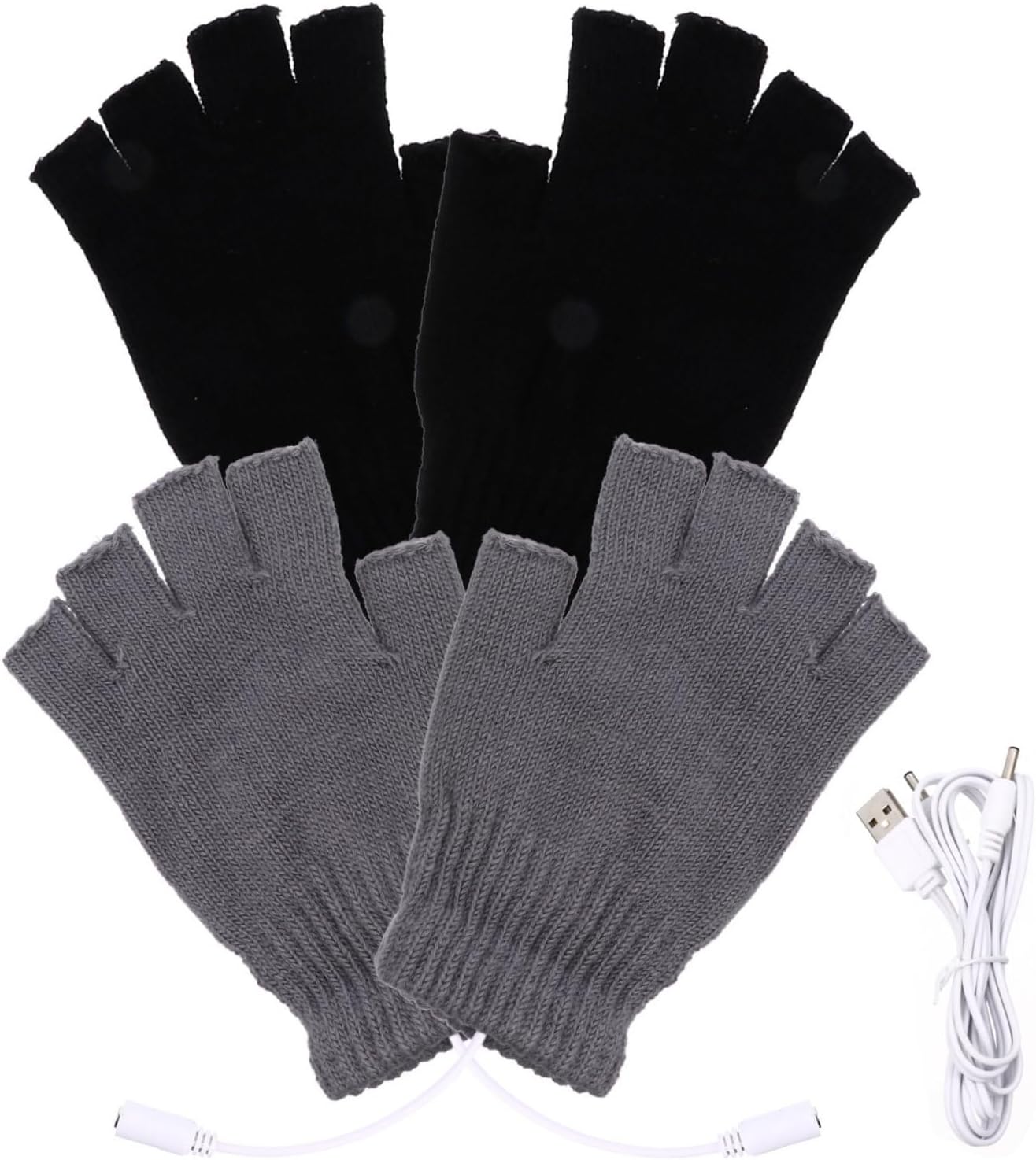 GARVALON Half Finger Heated Gloves for Winter 2 Pairs USB Rechargeable Thermal Woolen Gloves Indoor and Outdoor Use, for Gaming and Computer Work