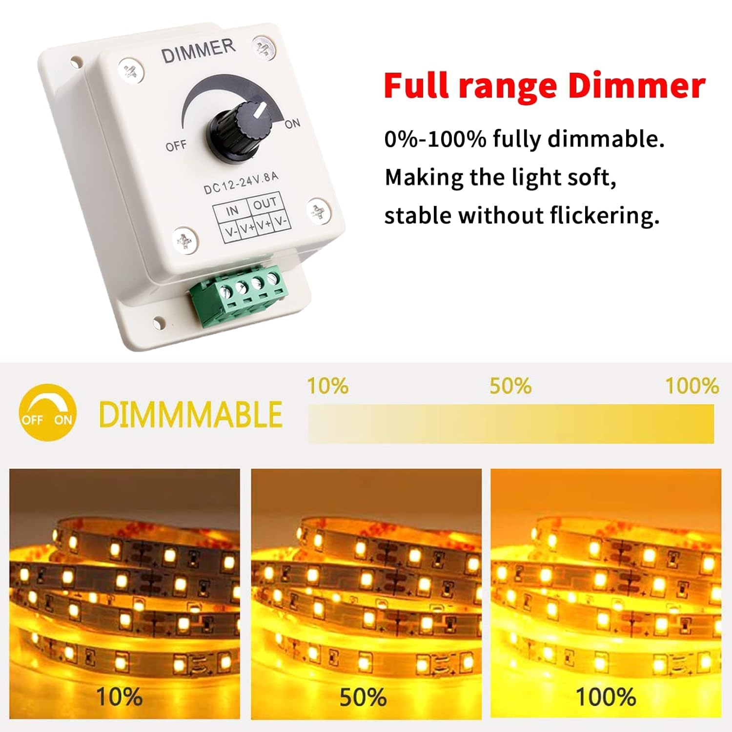TECHZOCO Regulador de intensidad tira LED, regulador de voltaje con botón giratorio, controlador de atenuación PWM, adecuado para tira LED 5050 3528 | DC 12V-24V 8A
