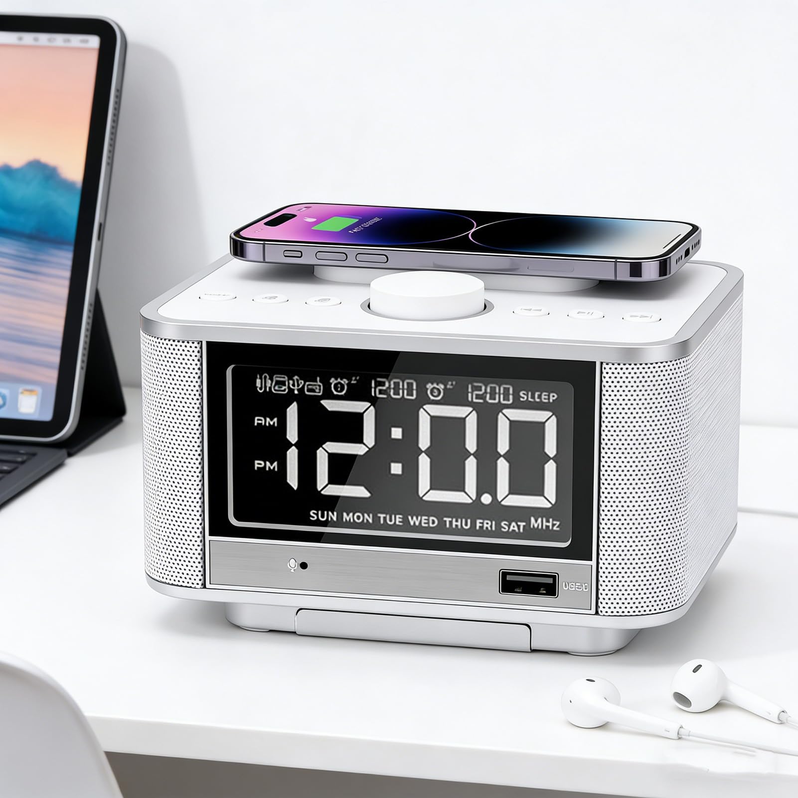 AMONIDA Sveglia con Altoparlante da 5 W, Radio FM con Ricarica Wireless, Display LCD e Porta AUX, per la Camera da Letto 'ufficio Domestico (Spina europea)