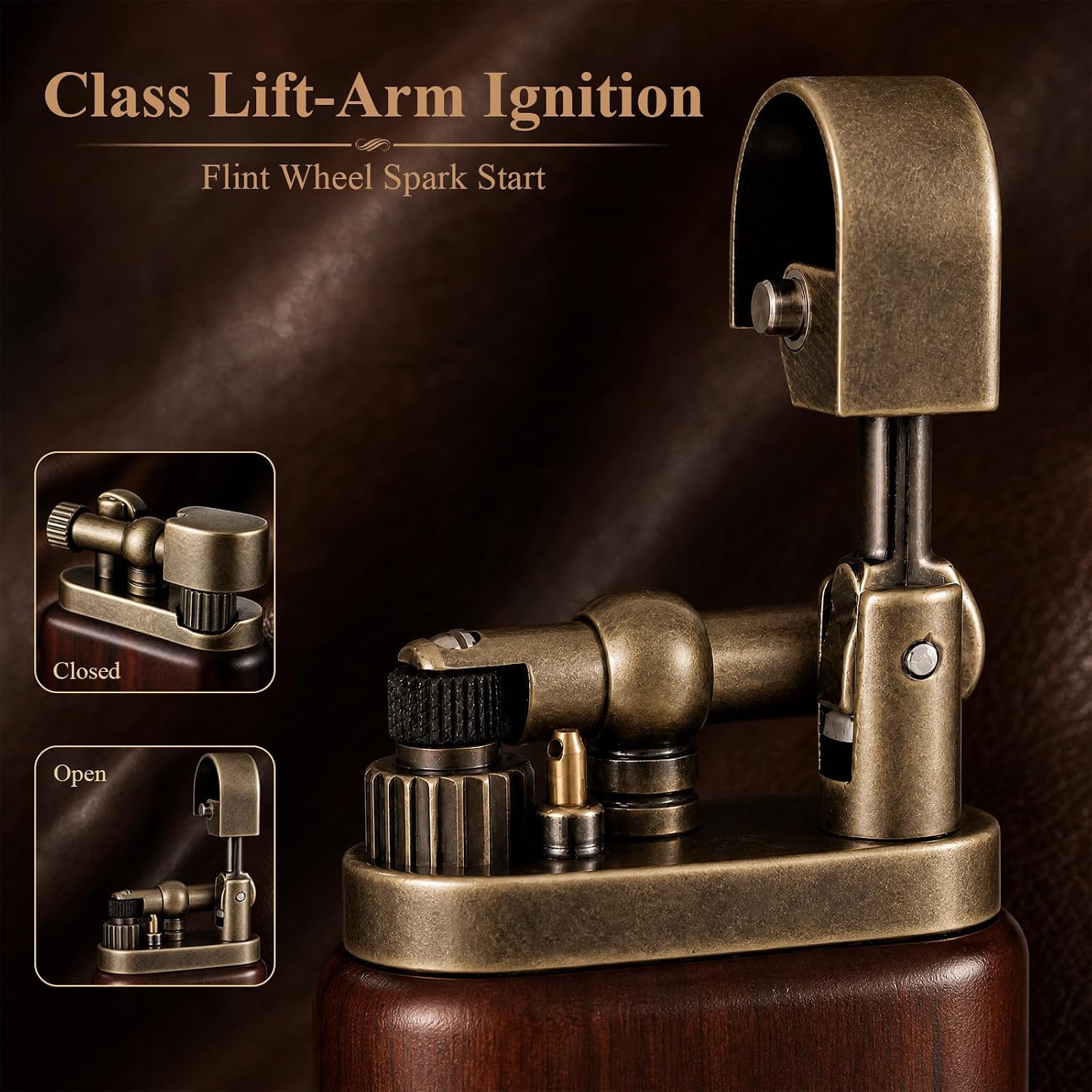 RUIXI Lighter showing closed and open positions of the lift-arm ignition