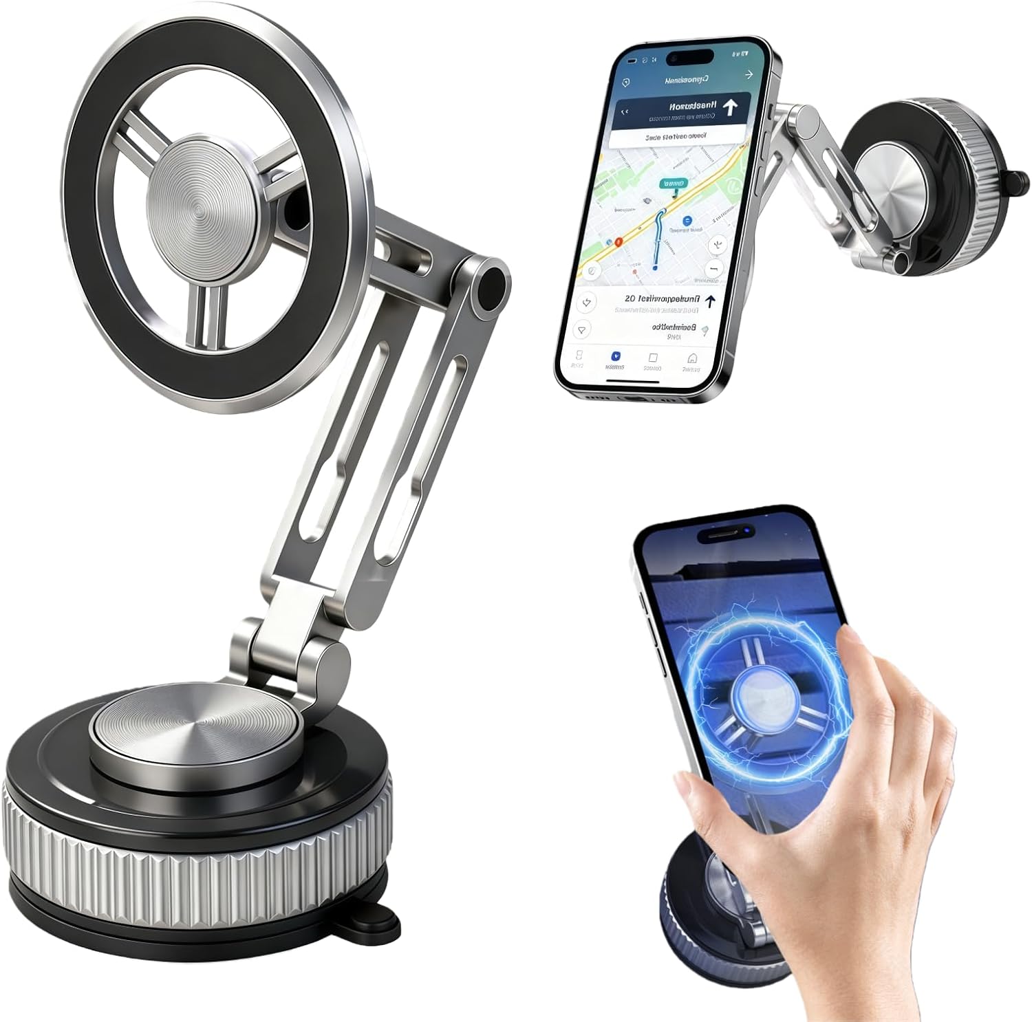 Heavy Duty Metal Magnetic Dash Mount Car Phone Holder - Extendable Long Arm+Strong Suction Cup, 360° Rotation Anti-Shake, Universal for Truck/SUV/Jeep JL/RV/Boat, Fit iPhone 17/16/15 Pro Max (silver)