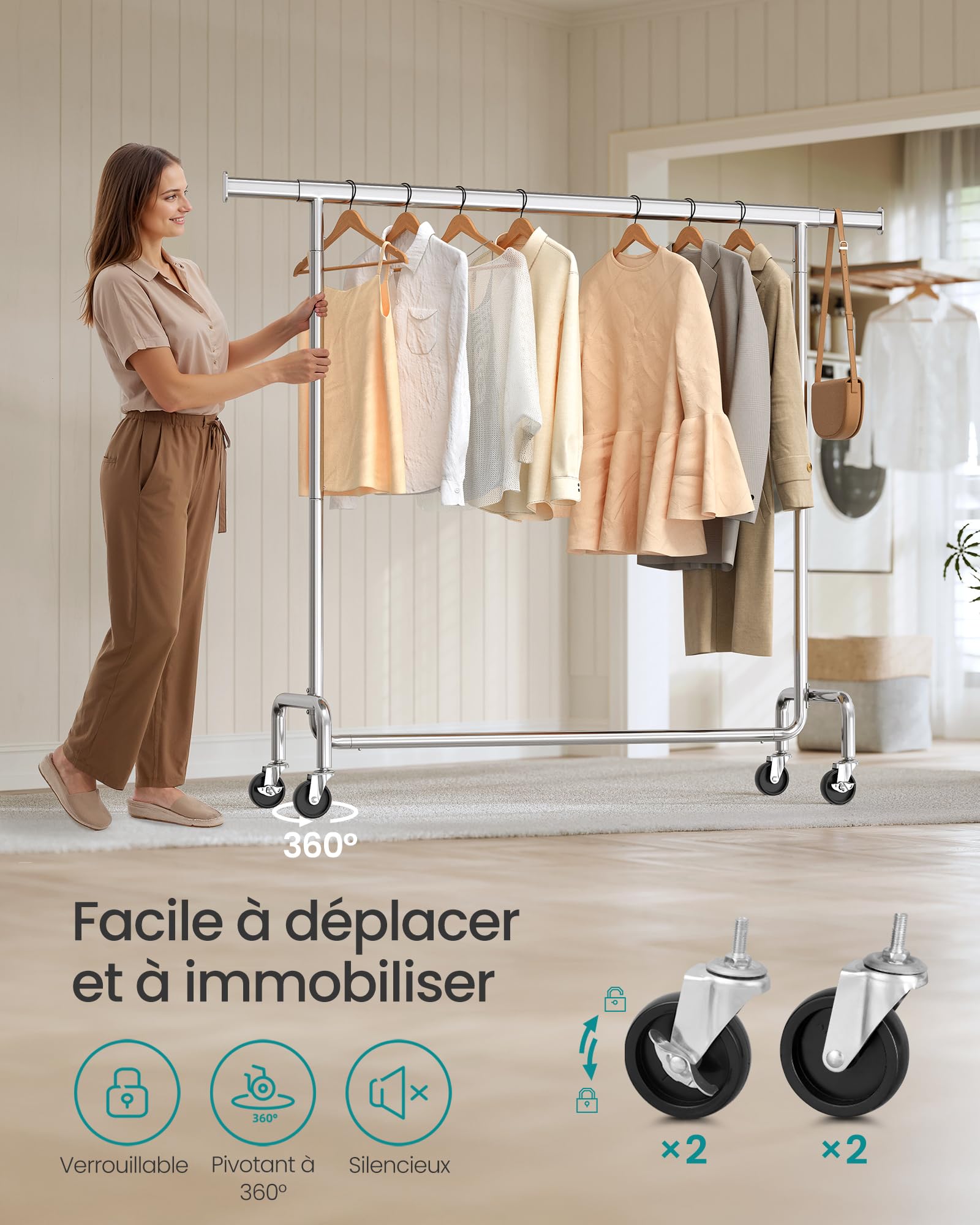 SONGMICS Portant à Vêtements avec Roulettes, Tringle Extensible pour Charge Lourde, Capacité de Charge 130 kg, 45 x (110-150) x 162,9 cm, Porte-manteau, en Métal, Chromé, Argent HSR11S