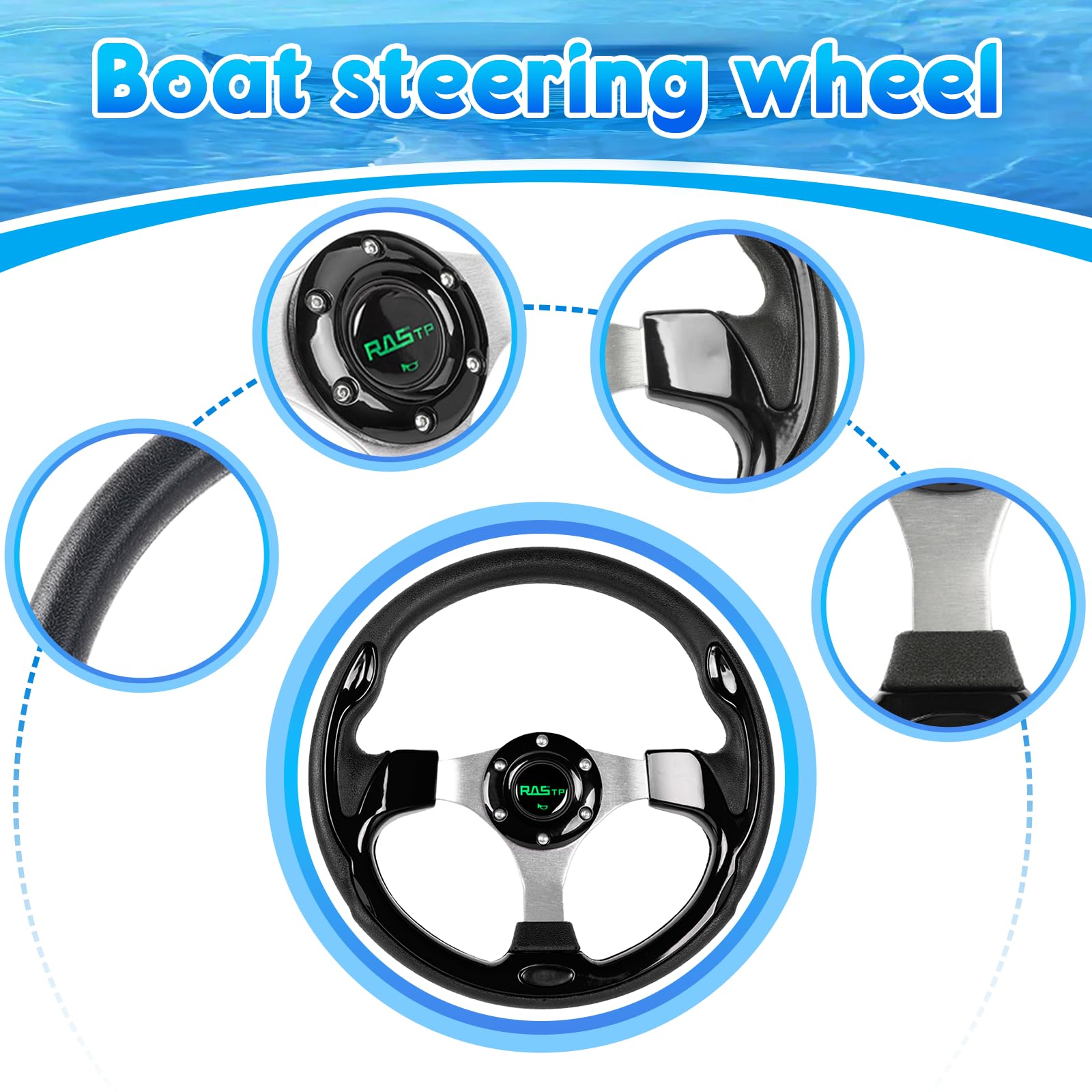 RASTP 32,6 cm (12,6 Zoll) Boots-Lenkrad mit 1,9 cm Achse, Marine-Lenkradadapter für die meisten Marineboote, Schiffe, Yachten, Pontons, Boote, Schwarz