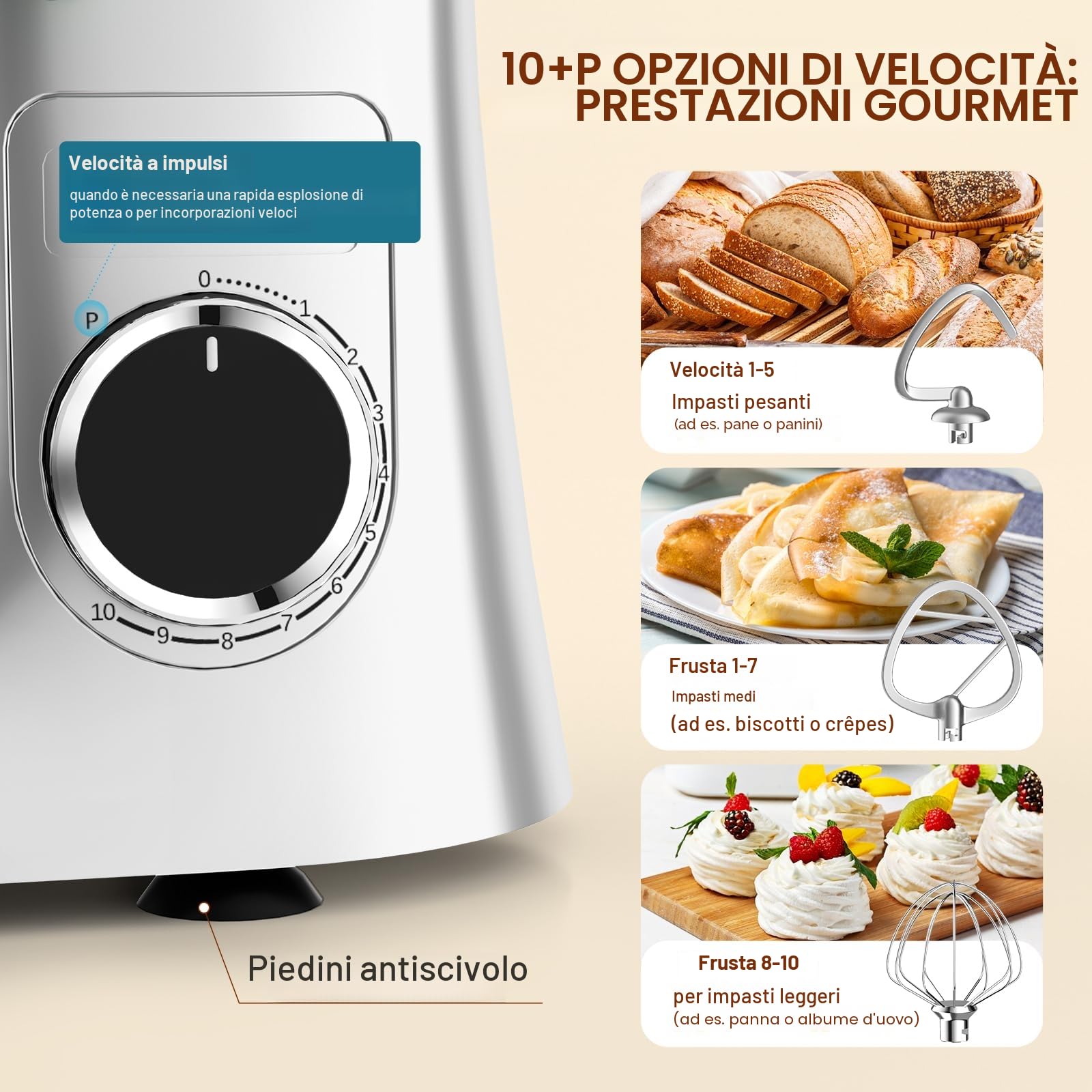 Impastatrice Planetaria Offerta 1500W, Facelle 5,5L & 4,5L Robot da Cucina Multifunzione, 10+P Impastatrice a Spirale Professionale con Gancio per Impastare, Frusta Piatta, Frusta, Bassa Rumorosità