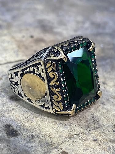 Miniatura 5 de Men Emerald Stone Ring, Green Stone Ring, Vintage Style Ring, Square Stone Ring, Ottoman Style Ring