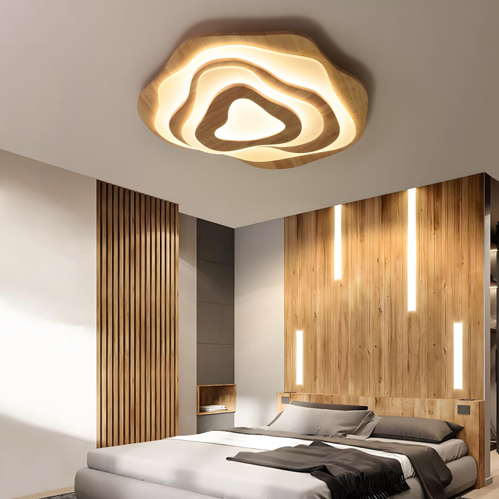 WayLuoung Lámpara Techo LED Madera | Ø57cm 50W 4300lm | 3000K-6000K Regulable Con Control Remoto, Lámpara Moderna Madera Natural + Nubes Acrílicas, Sala Estar Dormitorio Infantil Cocina Comedor Casa