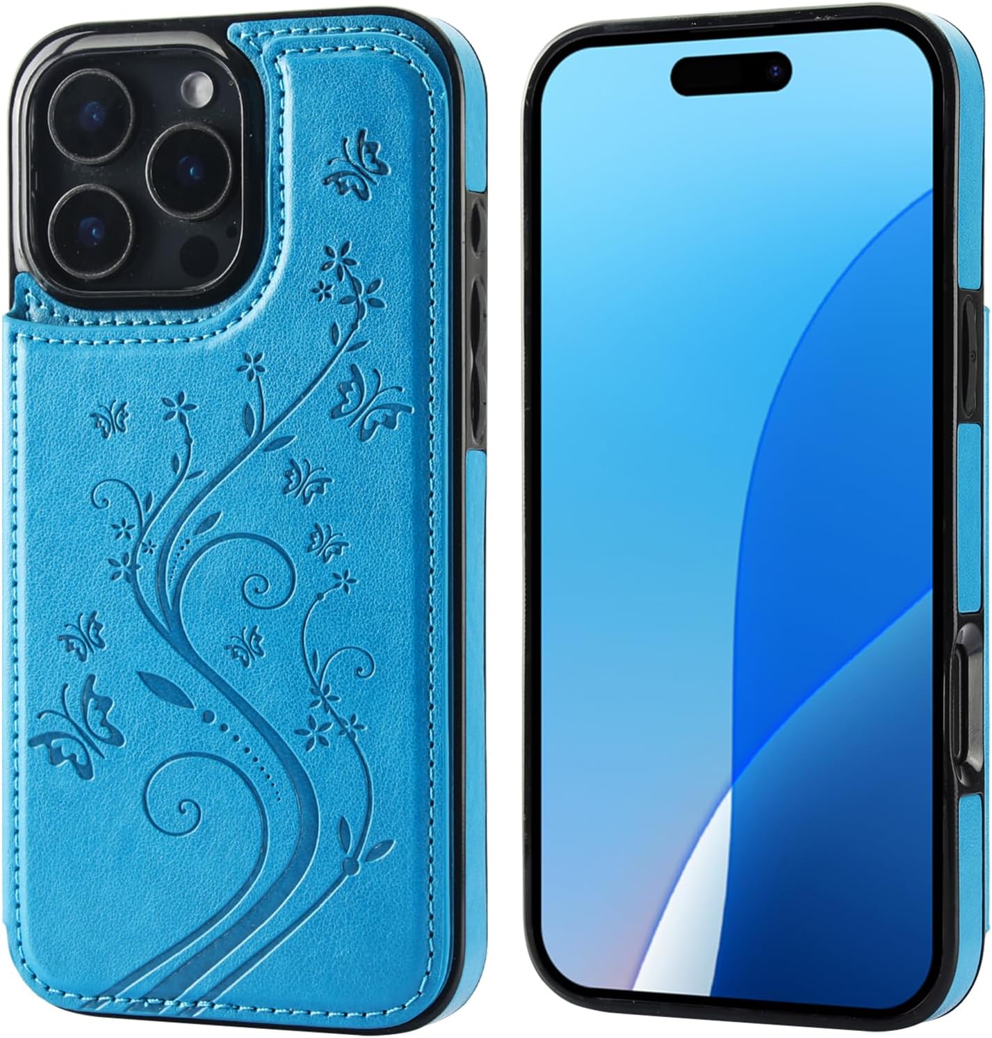 Vaburs Compatible with iPhone 16 Pro Max Case Wallet with Card Holder,Embossed Butterfly Pattern PU Leather Double Buttons Flip Protective Shockproof Cover for Magnetic Car Mount 6.9 Inch (Blue) - Image 3
