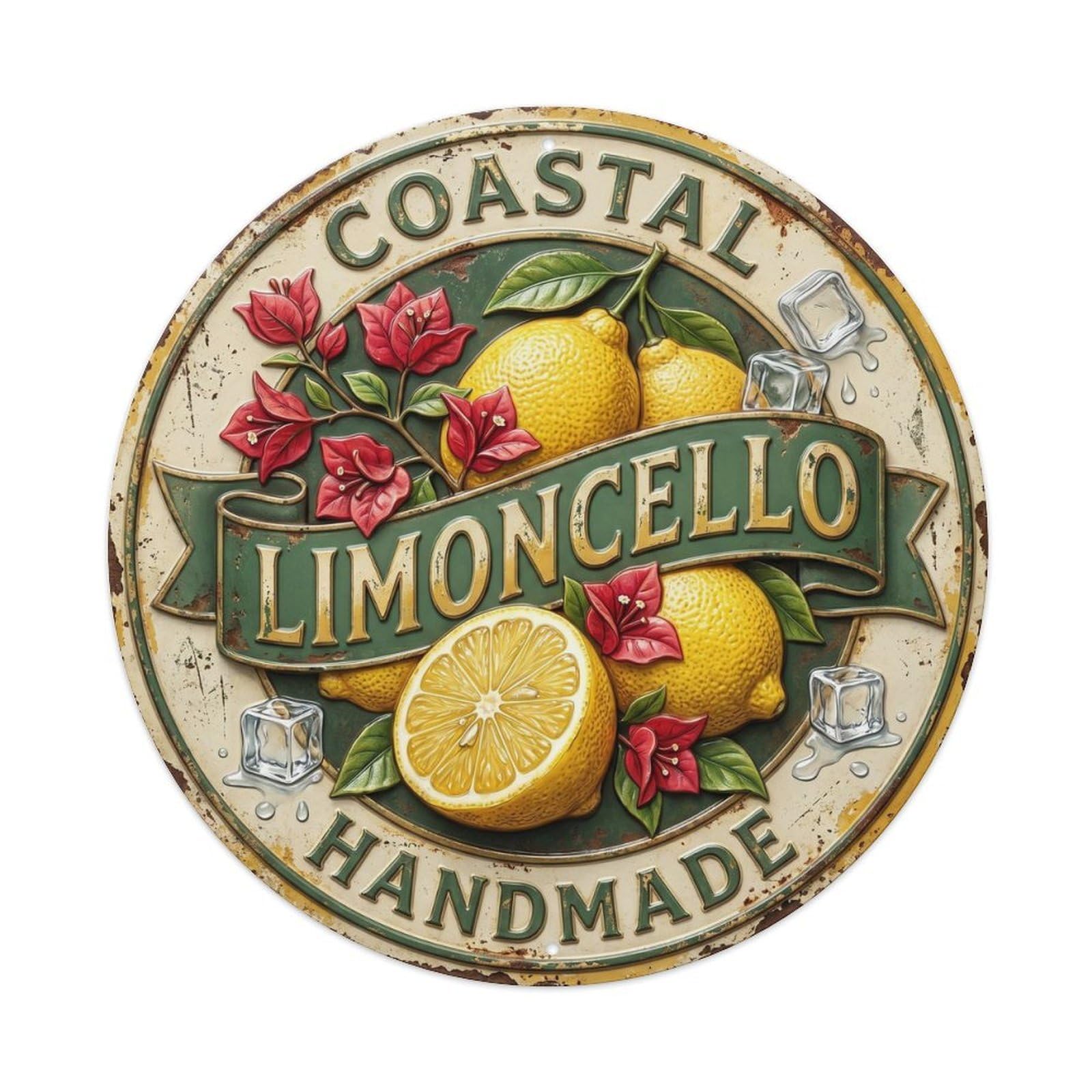 Coastal Limoncello Metal Badge Metal Tin Sign Plaque Wall Decor for Cafe, Club, Garden Round Metal Poster 8x8Inch