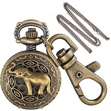 Tiong Vintage Mini Bronze Engraved Pattern Quartz Pocket Watch - Small Size with Keychain & Necklace Chain, Retro Pendant Watch Accessory Gift for Men Women