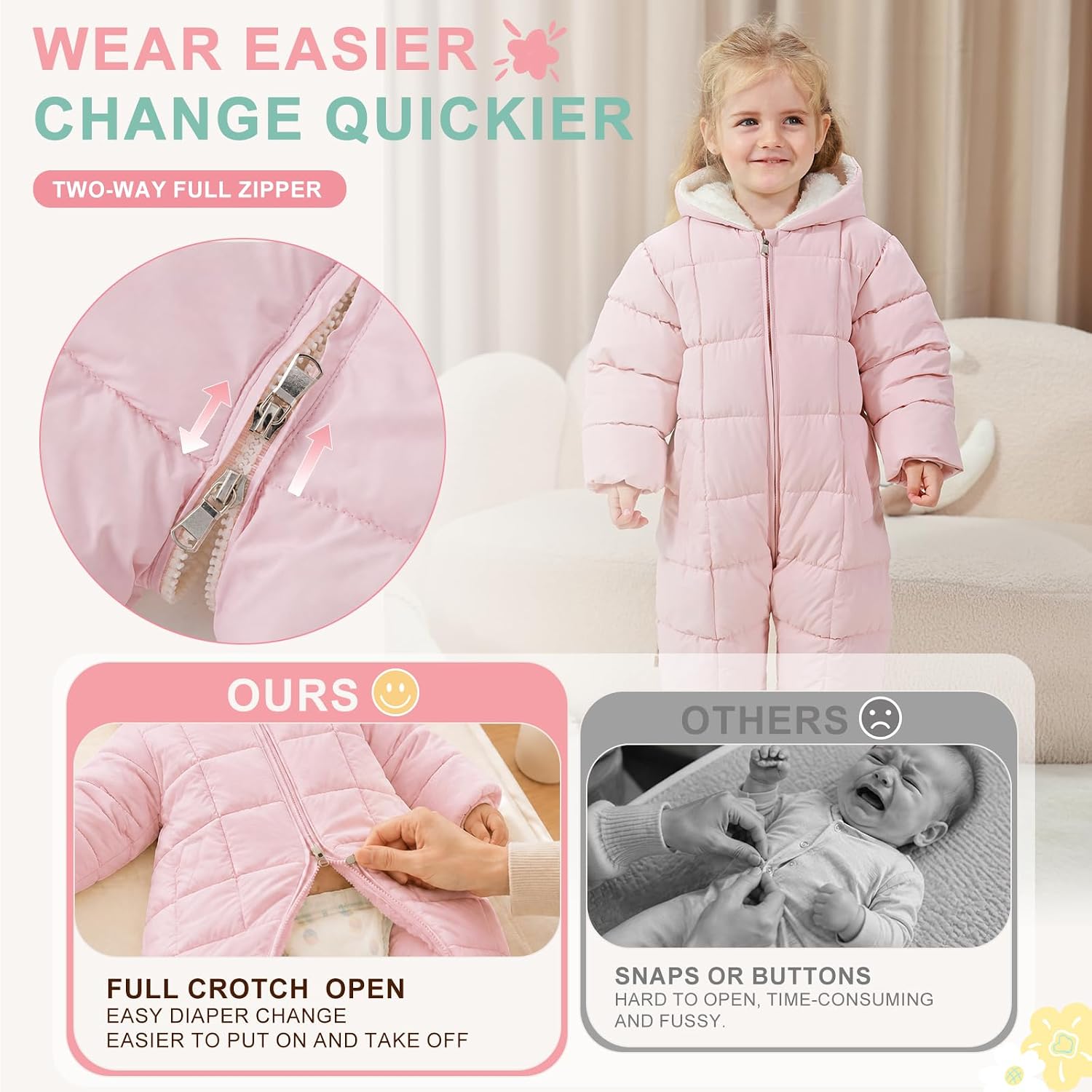 UVIPC Baby Boys Girls Snowsuit 6M-3T Winter Suit Clothes Hooded Romper Jumpsuit Bear Outfit Double Zipper Water-Resistant