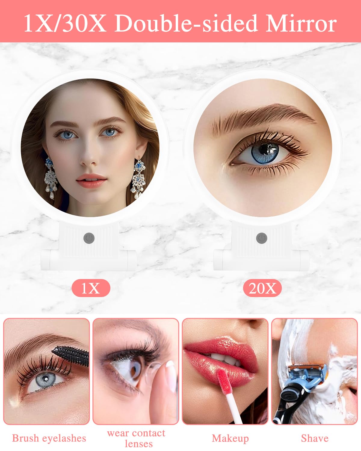 LEAZZLE Specchio Ingranditore 30X Specchio Trucco,Specchio Trucco con Luci,Ricaricabile 3 Modalità Illuminazione,Specchio Ventosa 360° Girevole Portabile Luce avec sac de rangement,Girevole 360 gradi