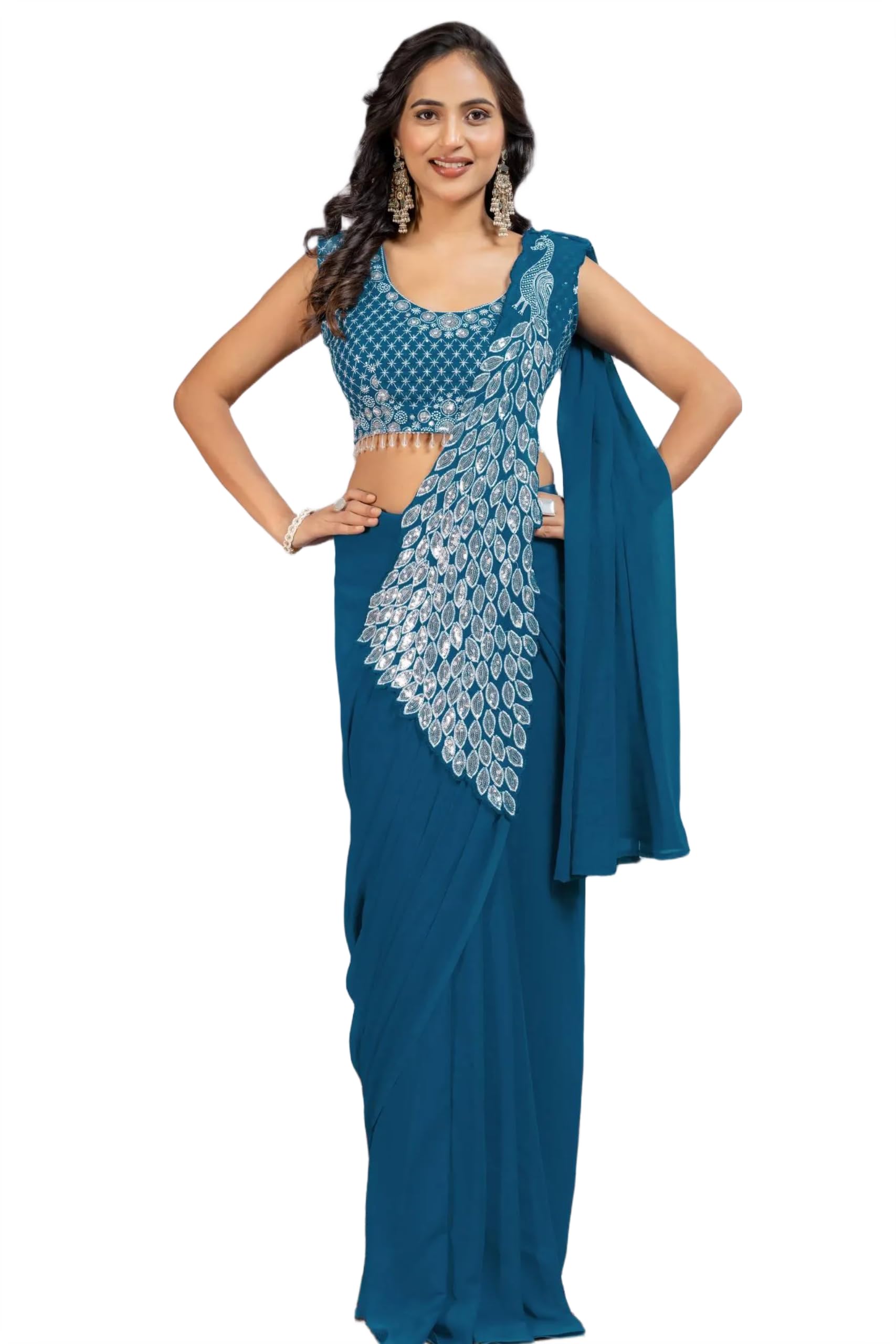 Ready to Wear Faux Georgette Saree with Embroidery Thread & Sequins Work and Fully Stitched Embroidered Blouse for Women-image-24