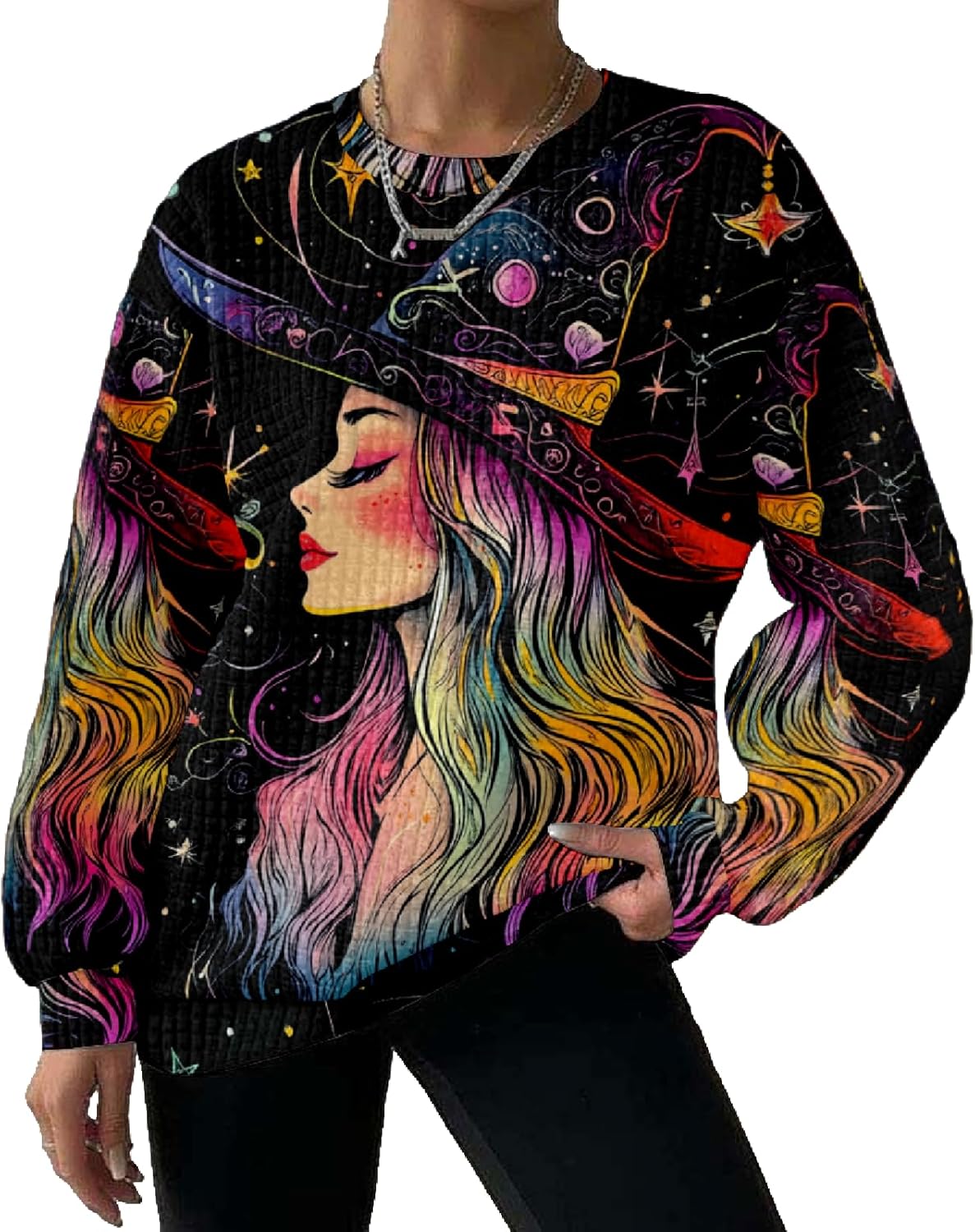 MARSVOVO Sweatshirts for Women Fall Winter 2025 Halloween Witch Pattern Long Sleeve Crewneck Lightweight Casual Outfits