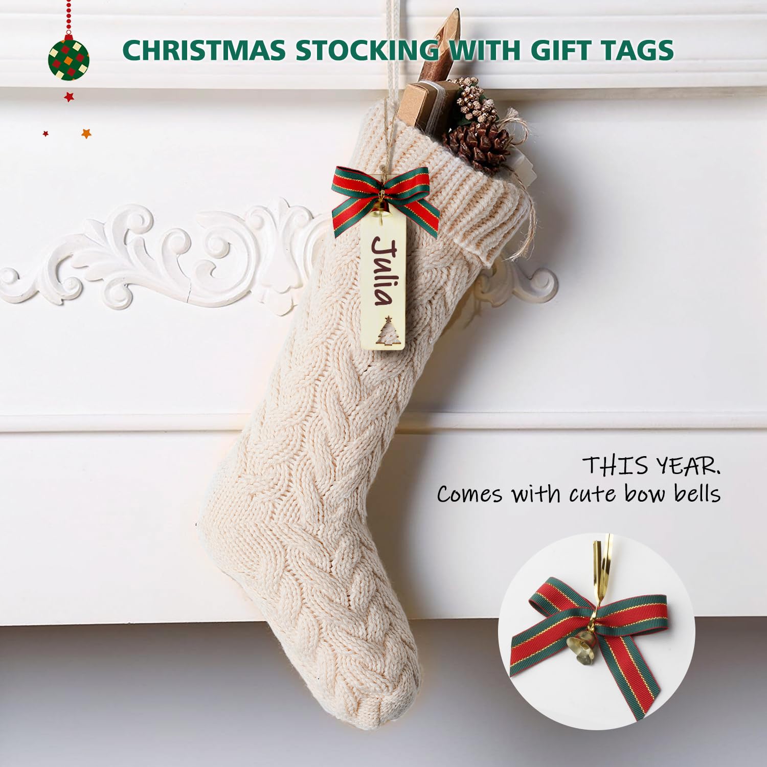 'LIBWYS Knit Christmas Stockings, 18'' Large Cable Xmas Stockings Classic Burgundy Red & Ivory White Chunky Hand Stockings'
