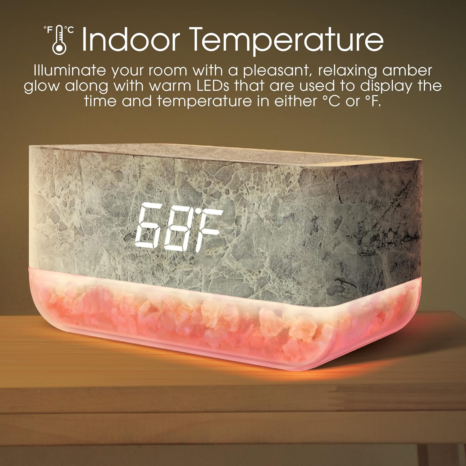 Lomi Sunrise Alarm Clock displaying 68 degrees Fahrenheit as indoor temperature