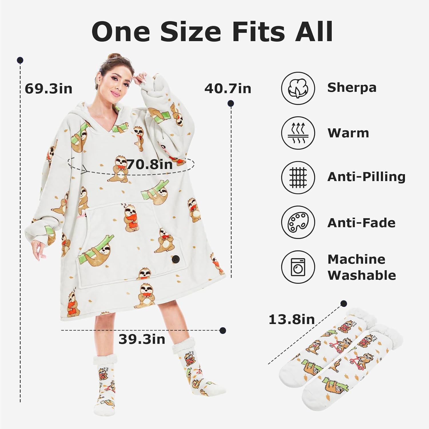 THREE POODLE Wearable Blanket Hoodie with Slipper Socks Set, Oversized Sherpa Blanket Sweatshirt Hoodie for Women Men Kids, One Size Fits All (Sloth) - Image 2
