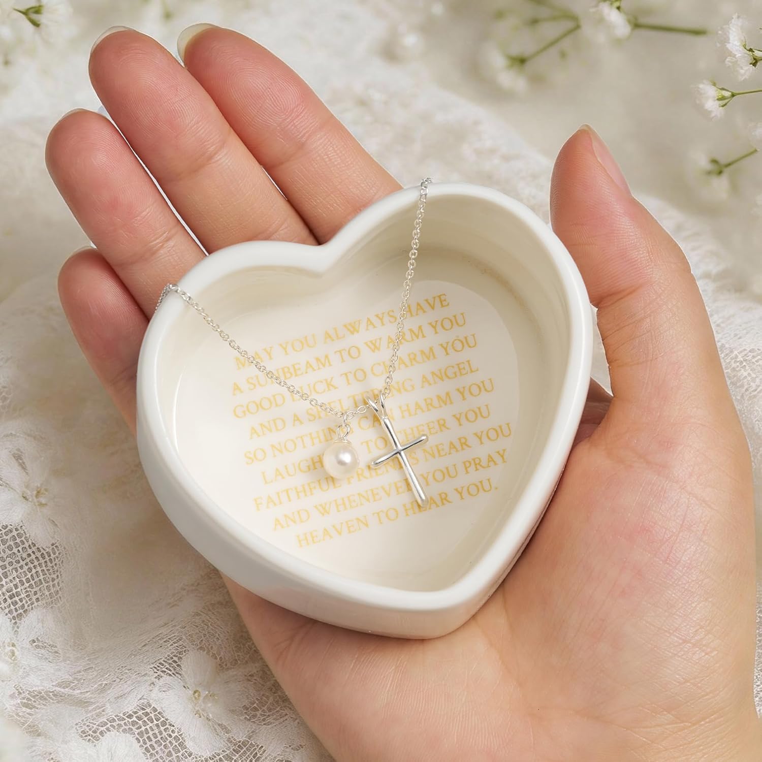 NORBU S925 Cross Necklace for Girls with Pearl, Sterling Silver Girls Cross Necklace Baptism Gifts with Heart Keepsake Box, First Communion & Baby Dedication Gifts for Newborn Easter Gift