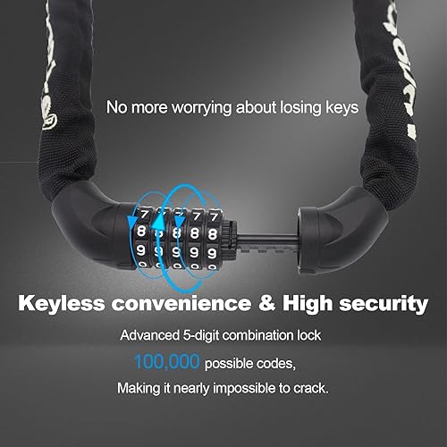 Miniatura 2 de Cerradura de cadena antirrobo con combinación de 5 dígitos reiniciable, 3.9 pies de largo, sin llave, para bicicletas, scooters, motocicletas,