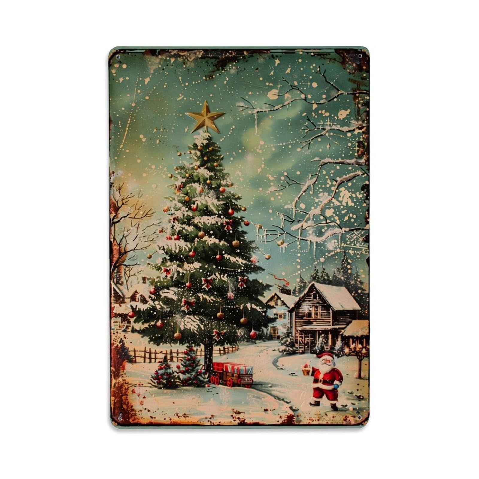 Jdfenggu Vintage Christmas Tree Santa Snowy Village Retro Metal Tin Sign, Decor Art Poster For Bar, Home, Man Cave, Kitchen, Laundry Room Gift 8X12inch
