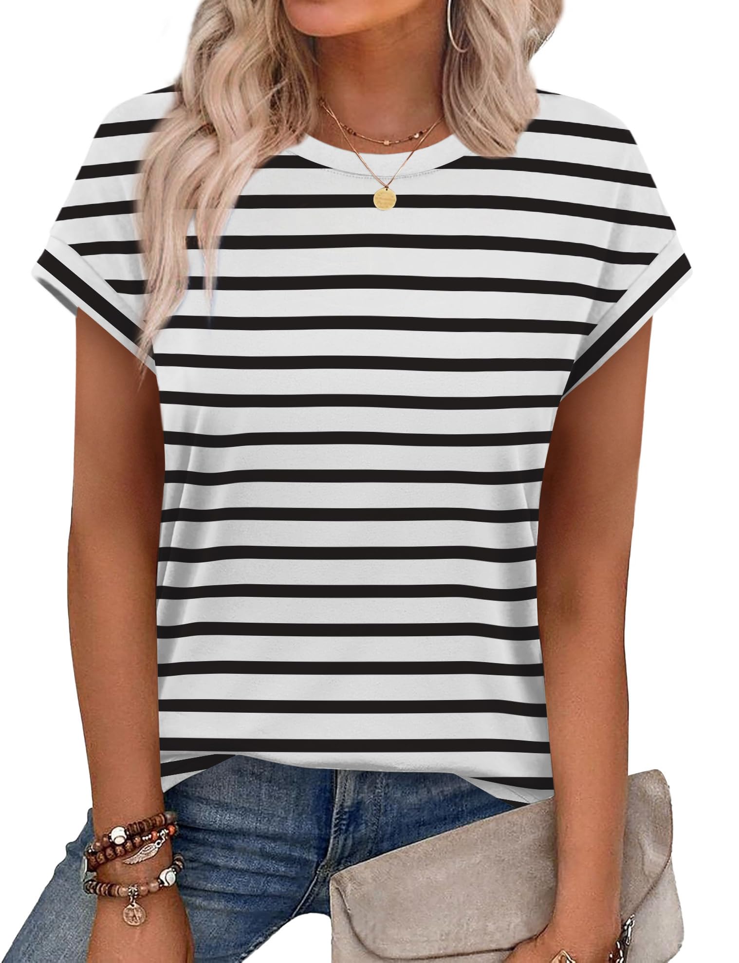 Alaroo Womens Summer Tops Short Sleeve Shirts Crew Neck Cute Trendy Tunic Blouses (S-3XL)