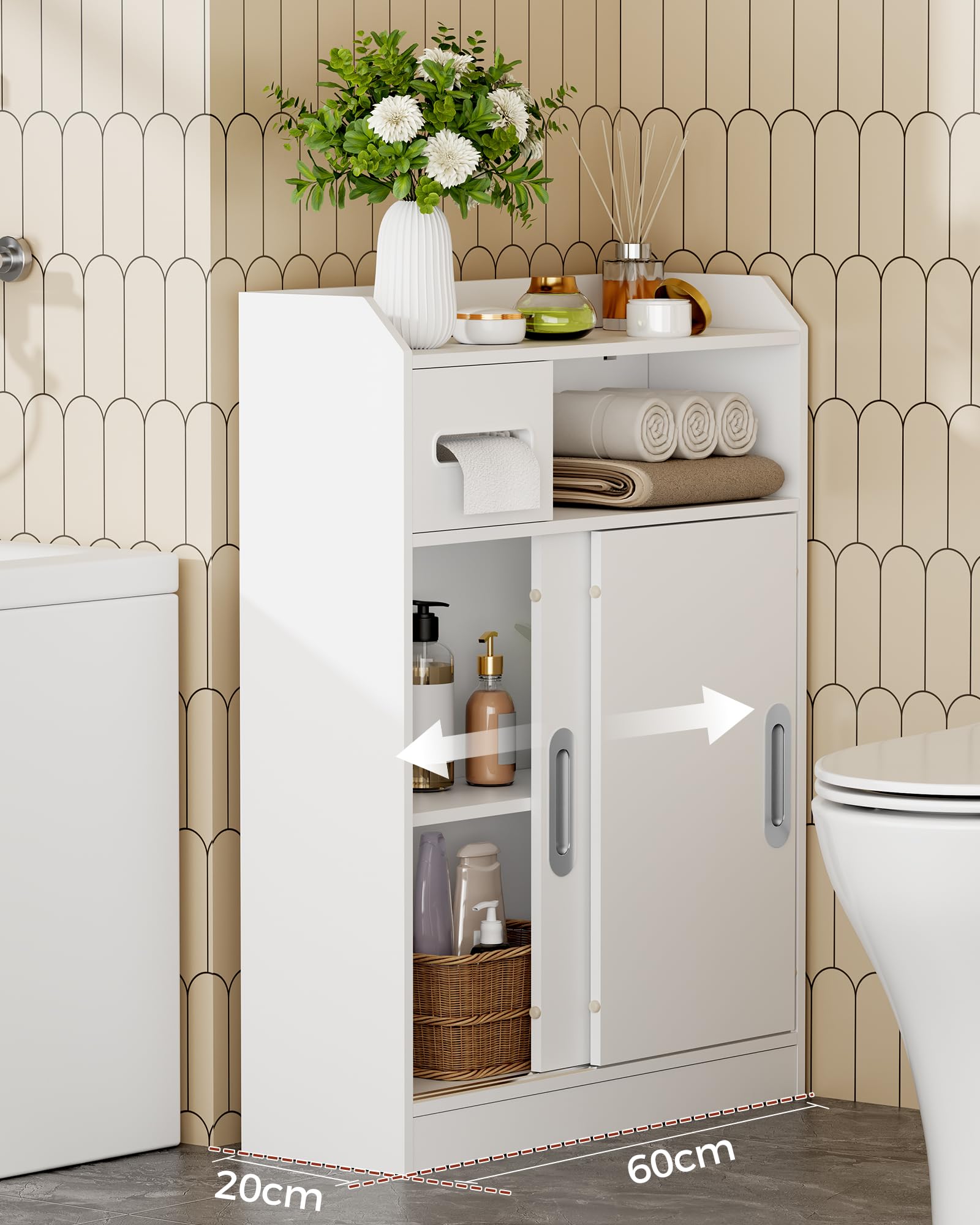 BEWISHOME Mobile da Bagno,Mobiletto Bagno Salvaspazio con Ante Scorrevoli,Maniglie Incassate,Portarotolo e Ripiani Regolabili,Accanto al Water,20x60x80 cm,Bianco EYYG16W