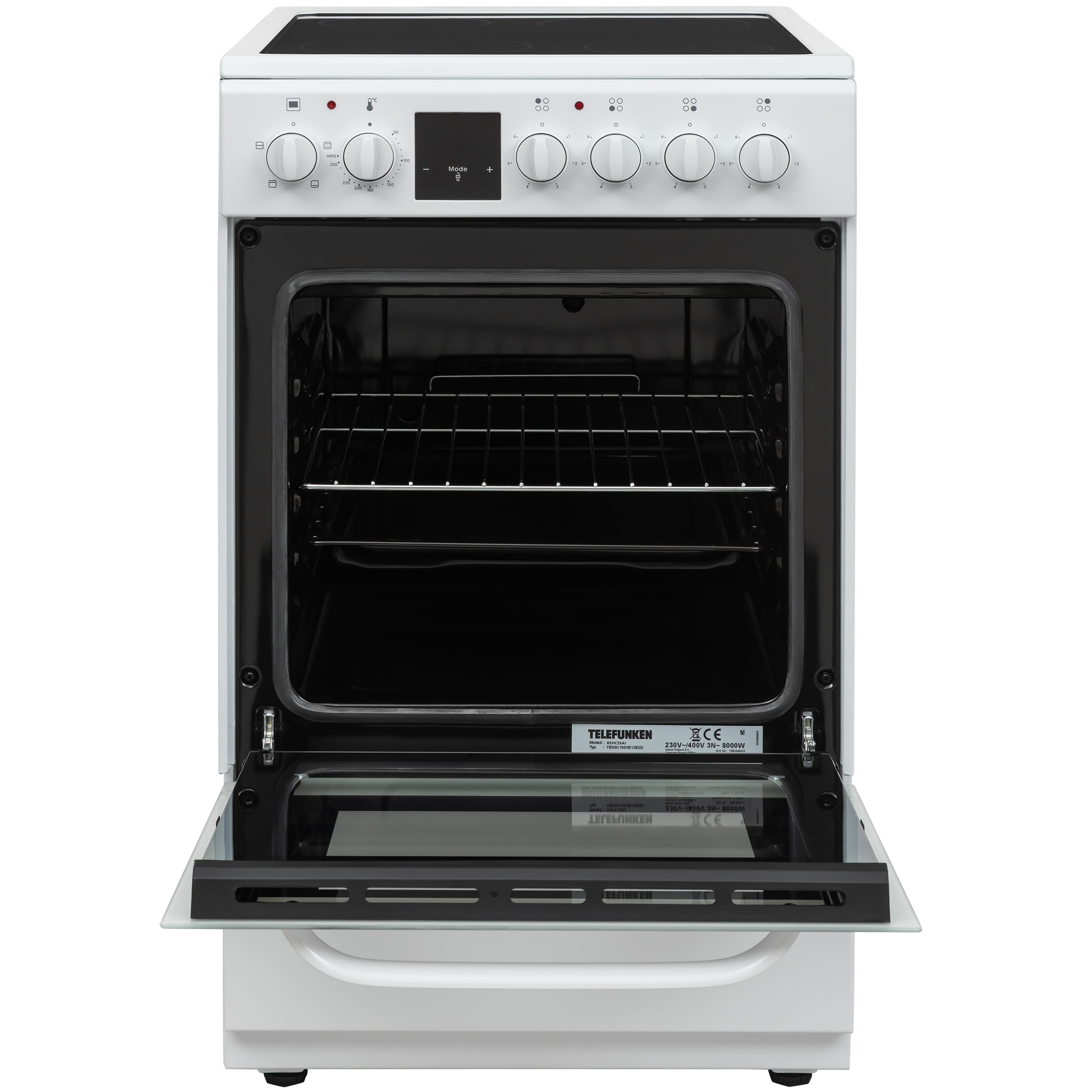 Telefunken Standherd mit Glaskeramik-Kochfeld | Elektroherd freistehend 50 cm breit | Herd mit Backofen und Kochfeld | 55 Liter | 5 Betriebsarten | 4 Kochzonen | LED-Display | EEK A | Weiß | BSHC55AI