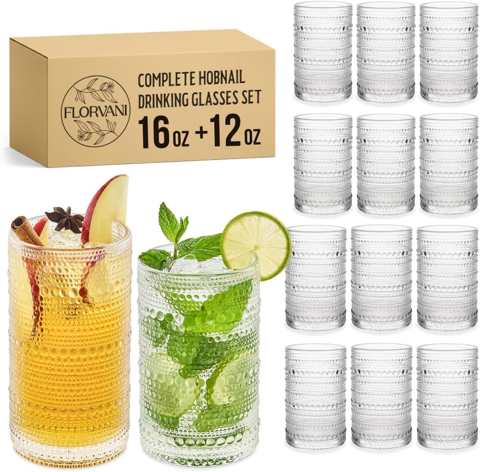 Set of 12 - Hobnail Drinking Glasses set of 6 12oz & 6 16oz Clear Multipurpose Glassware Set, Decorative Glasses Drinking Set for Bar, Kitchen, Cocktail Glassware.