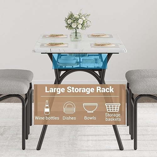 Miniatura 6 de GarveeHome Juego de mesa de comedor de 5 piezas para 4, mesa de cocina moderna con 4 sillas de bouclé, mesa de comedor rectangular con estante de