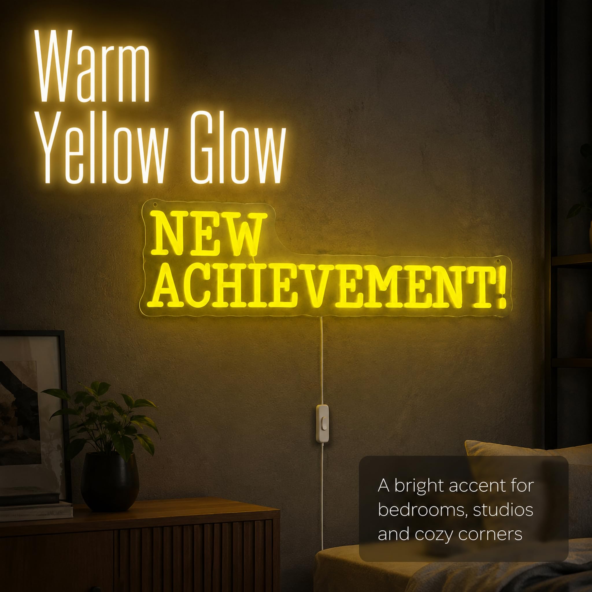 Targa al neon con scritta "NEW ACHIEVEMENT!", 45 x 15,2 cm, decorazione da parete a LED gialla, con retro in acrilico, alimentata tramite USB, per la stanza dei videogiochi, per la camera da letto e