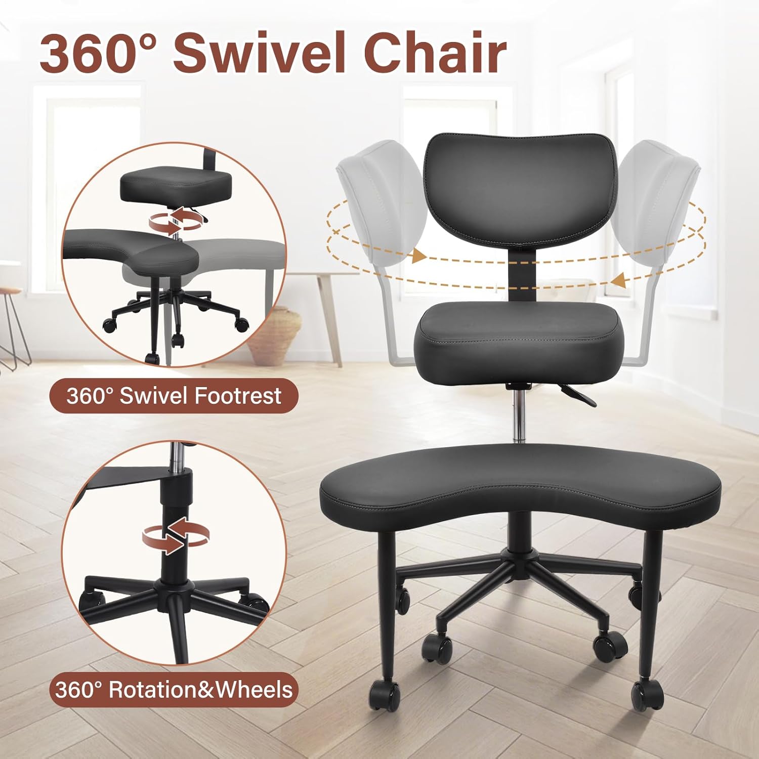 Meditation Chair, Cross Legged ADHD Office Chair for Adults with Wheels Ergonomic Back Support and Leg Rest for Multi Position Criss Cross Sitting Kneeling and Yoga Height Adjustable, Leather Style