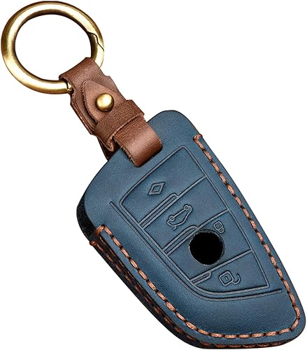 Funda de cuero genuino para llavero sin tornillos para BMW 5, 6, 7, Series X1, X2, X3, X5, X6, GT, etc., con forma de hoja, color azul