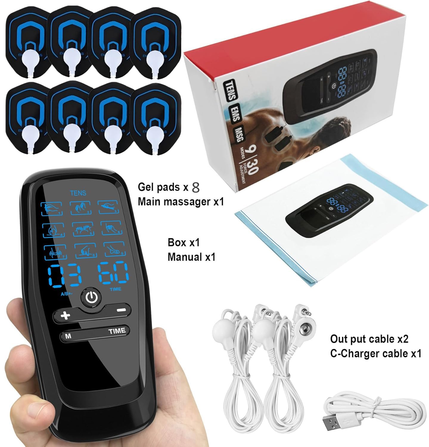 3 EN 1 TENS EMS Électrostimulateur Musculaire pour le soulagement de la douleur, la stimulation musculaire, avec 30 Intensités et 27 Modes, 2 Canaux Indépendant & 8 électrodes