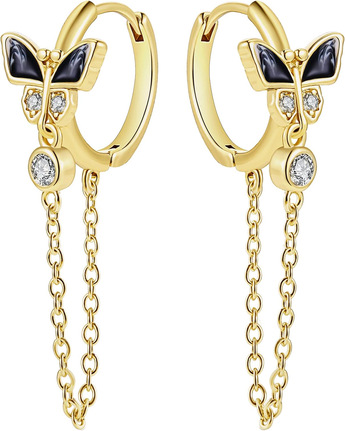 JIANGYUE18K Gold Butterfly Earrings for Women,with Small Cubic Zirconia Drop Earrings, Tassel Earrings Chain Drop Gold Hoop Earrings for Women (Black)