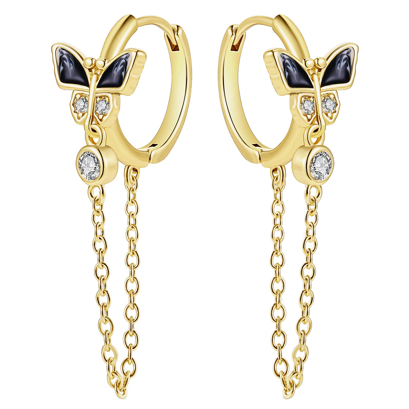 JIANGYUE18K Gold Butterfly Earrings for Women,with Small Cubic Zirconia Drop Earrings, Tassel Earrings Chain Drop Gold Hoop Earrings for Women (Black)