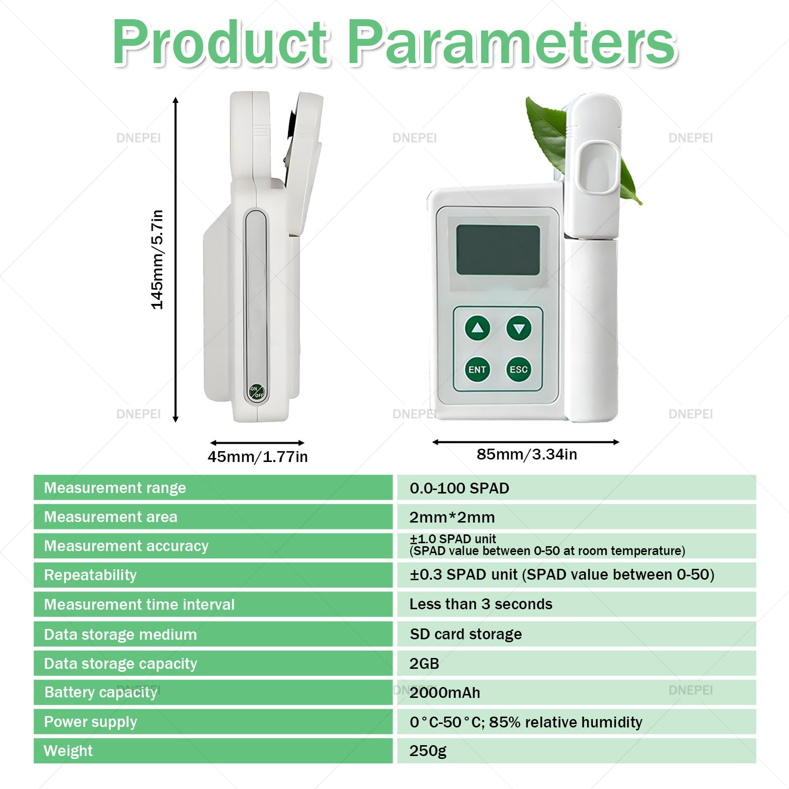 Monitor portátil Todo en uno para la Salud de Las Plantas, analizador portátil de clorofila, nitrógeno, Temperatura y Humedad (0,0-99,9 SPAD), diseño Compacto con Carga USB A