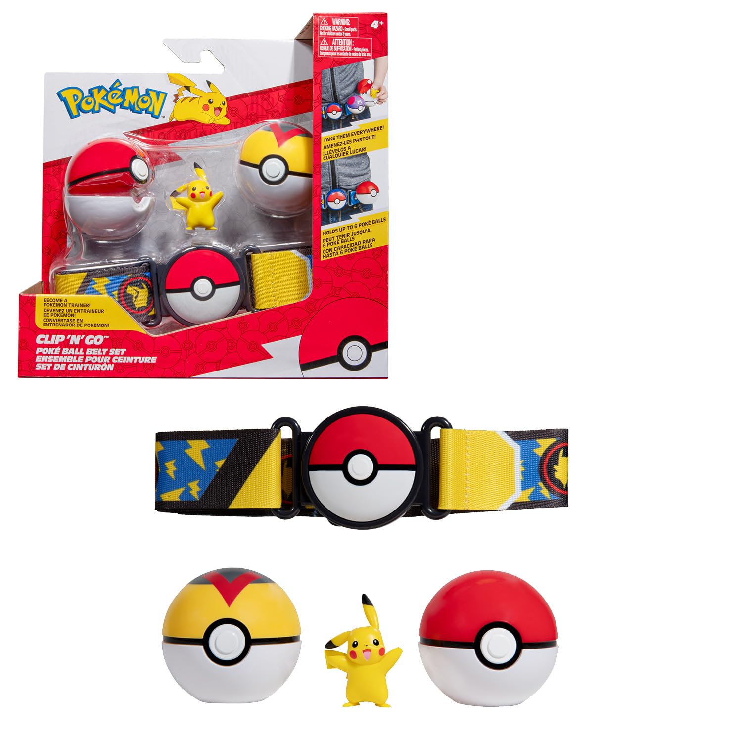 BANDAI - Pokémon - Ceinture Clip 'N' Go Pikachu Pokémon Day - 1 Ceinture, 2 Poké Balls et 1 Figurine Pikachu 5 cm - Accessoire pour se déguiser en Dresseur - Jouet Enfant 4 Ans et + - JW3162