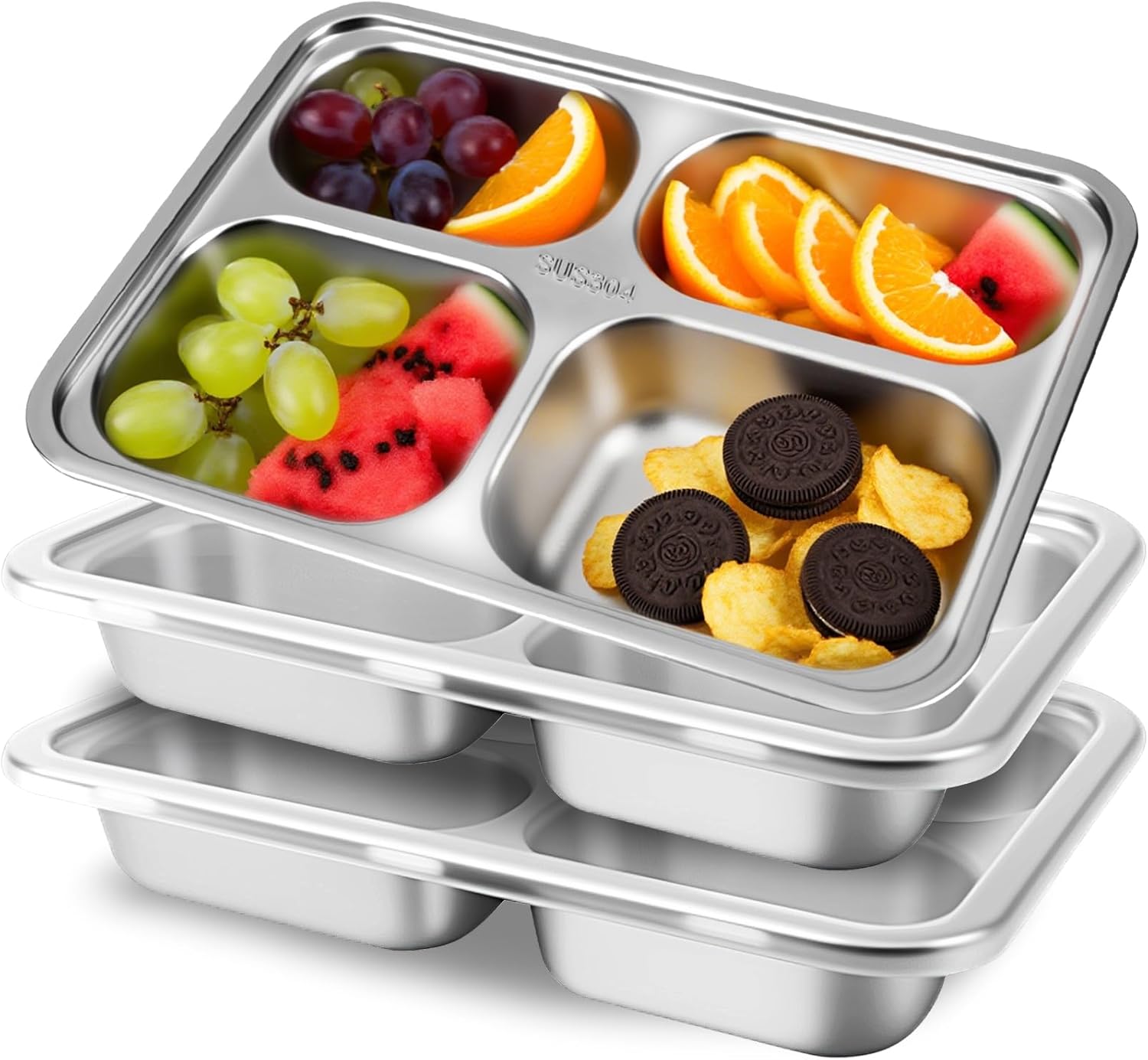 3 Pack Snack Containers for Kids Adults - 4 Compartment Stainless Steel Containers with Lids, Lunch Box, Meal Prep Containers, Divided Stainless Steel Food Storage Boxes for School, Home, Travel