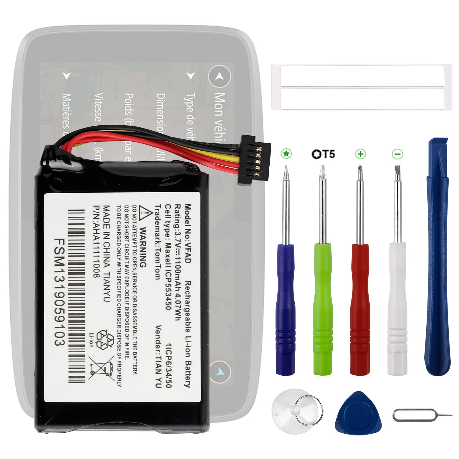 AHA1111008 VFAD Batterie de rechange compatible avec Tomtom Go 6200, Go 6100, Go 6000, Go 5000, Go 600, Go 500 Batterie de rechange avec kit d'outils de réparation mis à jour